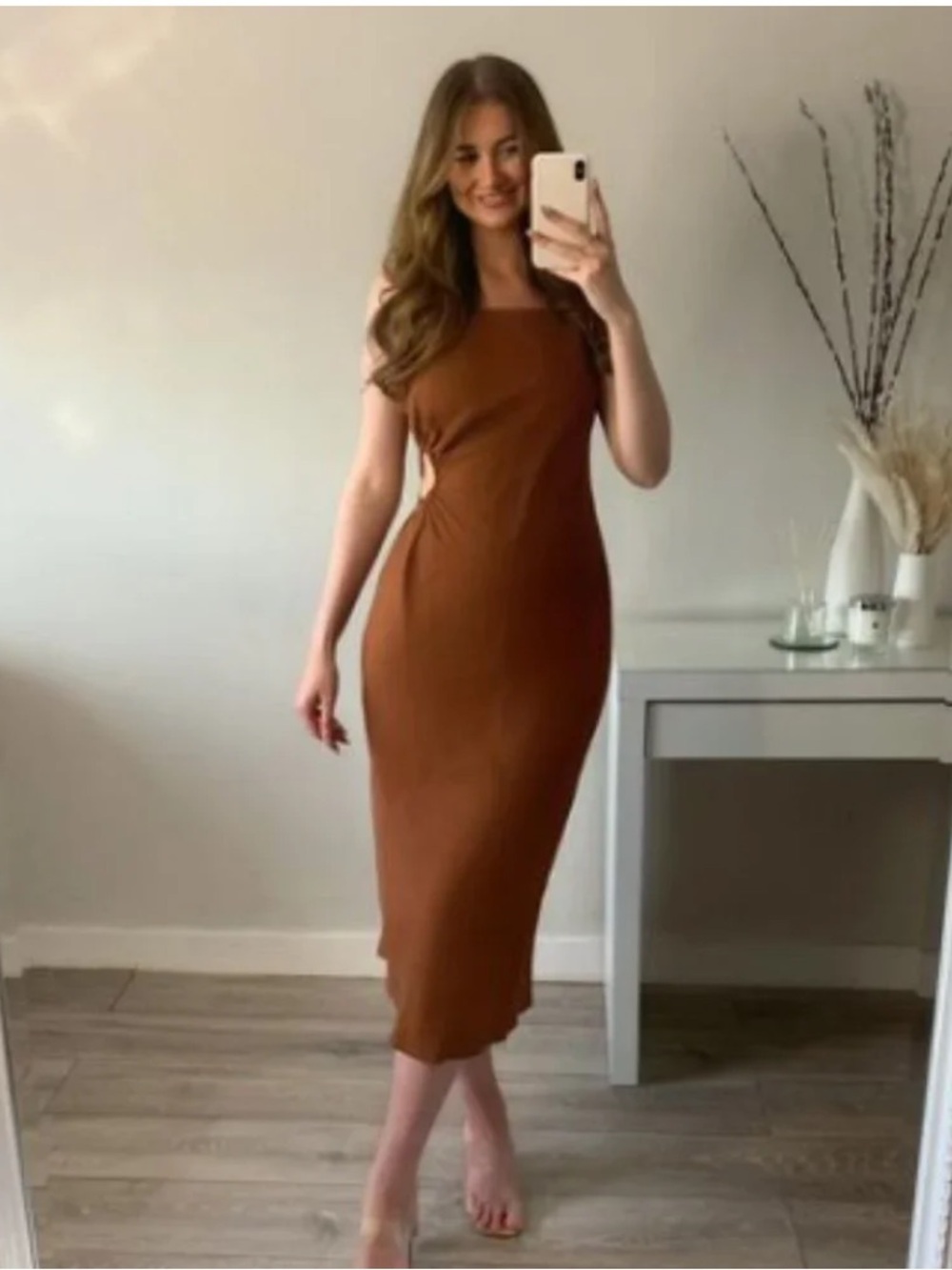 Zara Cut Out Linen Blend Brown Midi Dress Sz Small